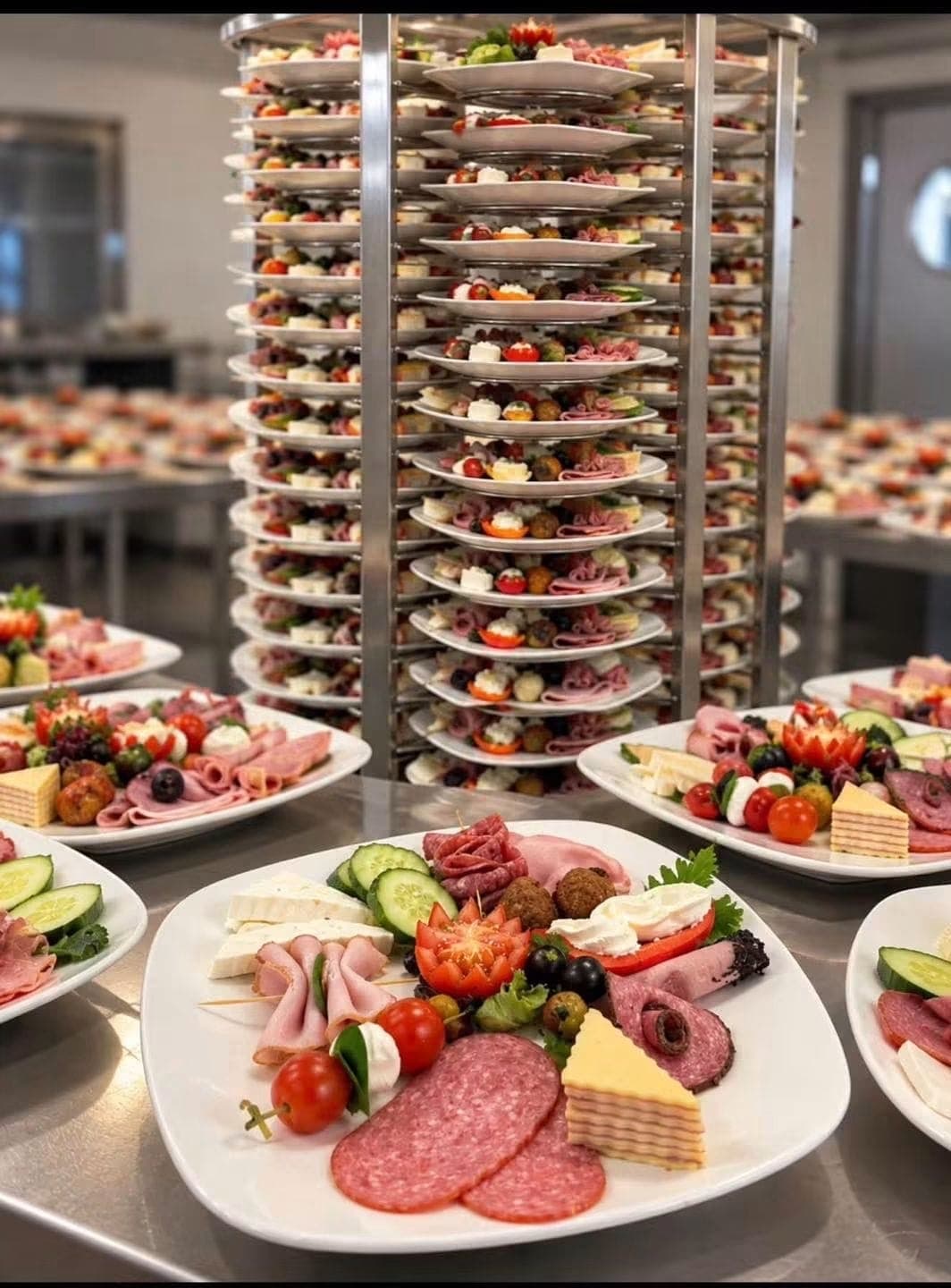 A tall rack filled with plated cold platters in a kitchen